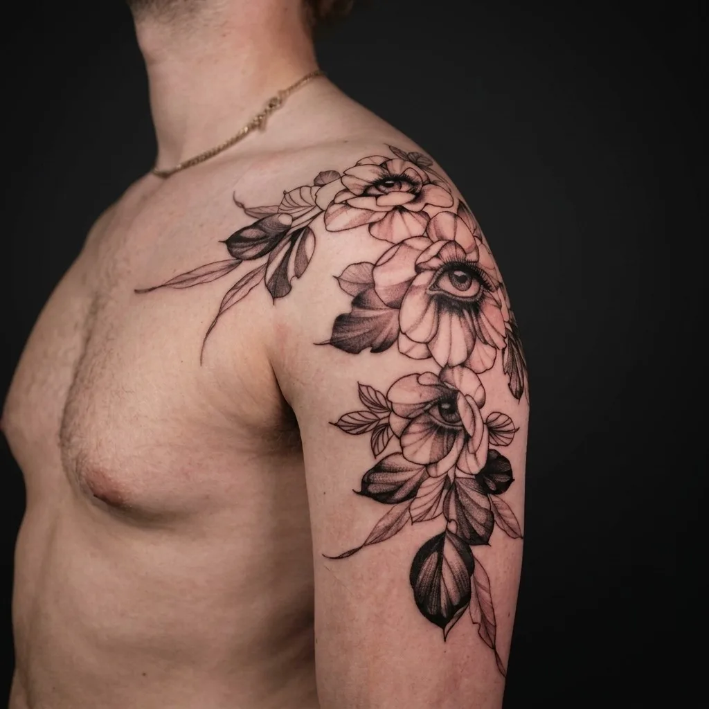 Blomster og linework tattoo by Ink Story Kristiansand